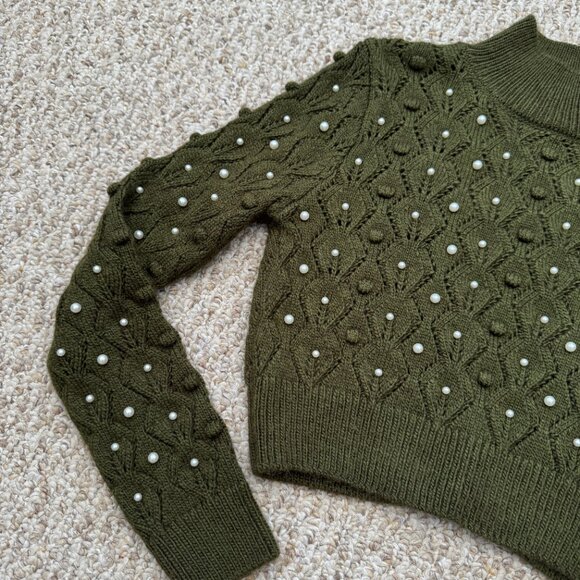 Zara Green Open Back Knit Sweater w/ Pearl Small Holiday Elegant Fun - Picture 8 of 14